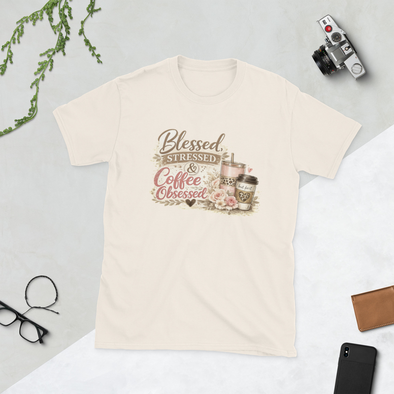 Blessed, Stressed & Coffee Obsessed — Mom Graphic Tee in Natural - Mama Said So Tees