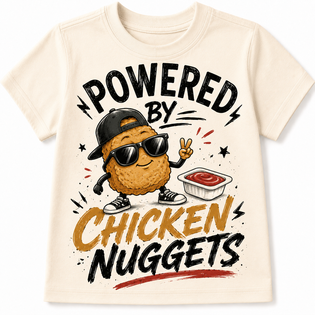 Powered by Chicken Nuggets kids t-shirt with nugget graphic