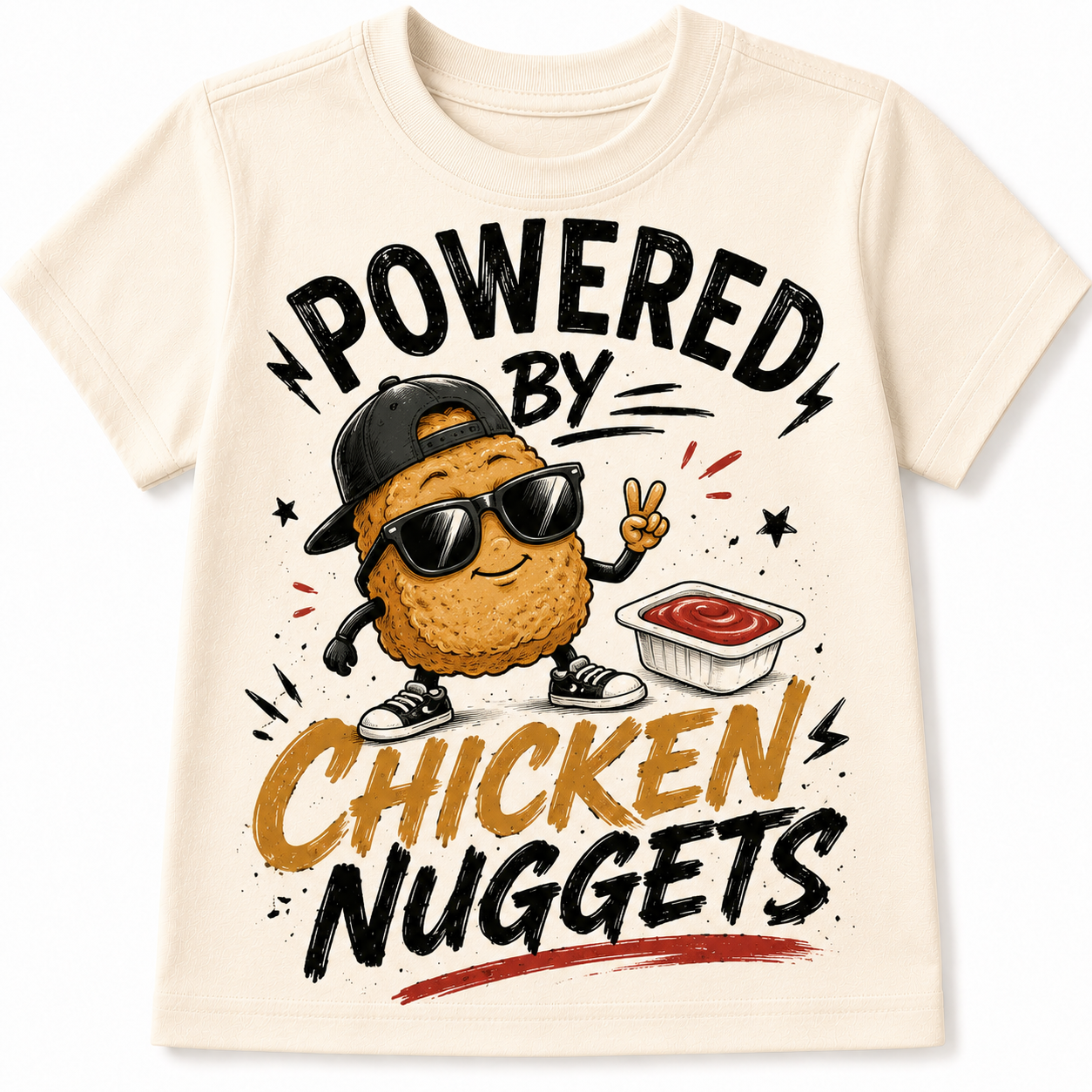 Powered by Chicken Nuggets kids t-shirt with nugget graphic