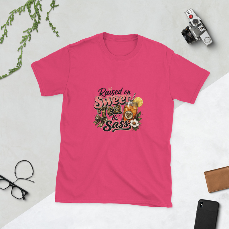Raised on Sweet Tea & Sass — Southern Mom Graphic Tee in Heliconia - Mama Said So Tees
