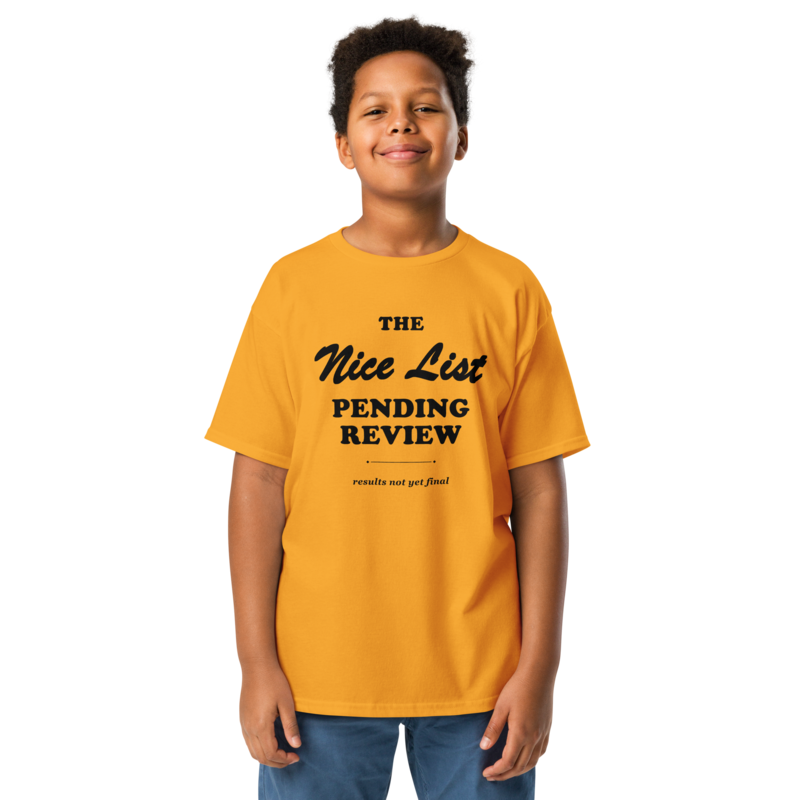 Nice List, Pending Review Christmas tee in Gold - Mama Said So Tees