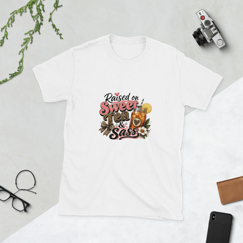 Raised on Sweet Tea & Sass — Southern Mom Graphic Tee in White - Mama Said So Tees