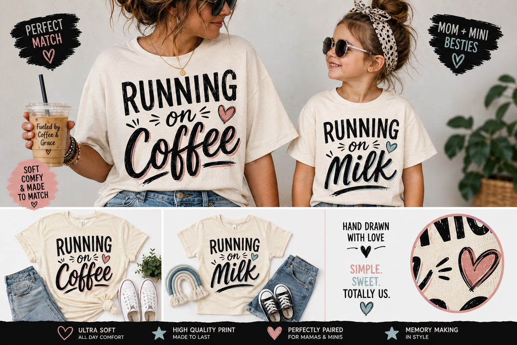 Running on Coffee mom shirt with hand-drawn heart design