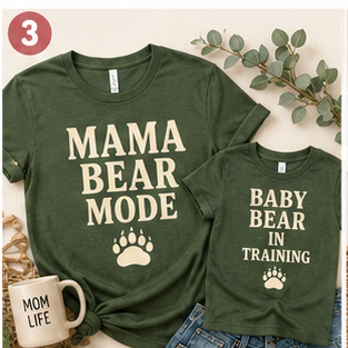 Baby Bear in Training kids tee — shown with matching Mama Bear Mode mom shirt
