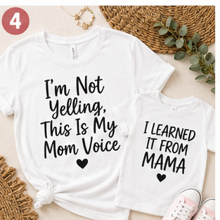 I Learned It From Mama kids tee — shown with matching Mom Voice mom shirt