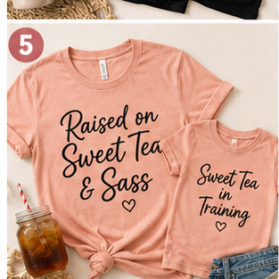 Sweet Tea in Training kids tee — shown with matching Raised on Sweet Tea & Sass mom shirt