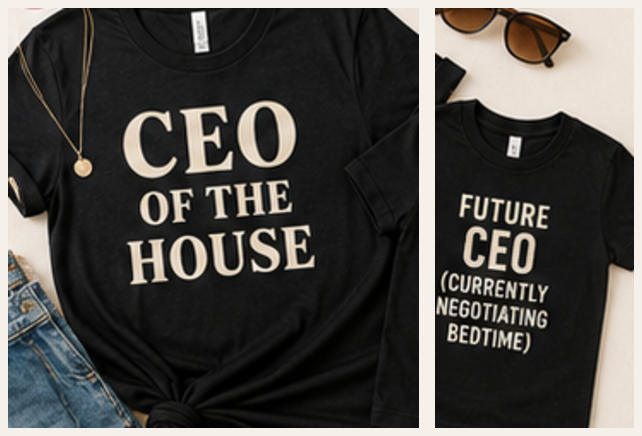 CEO of the House mom tee — shown with matching Future CEO kids shirt