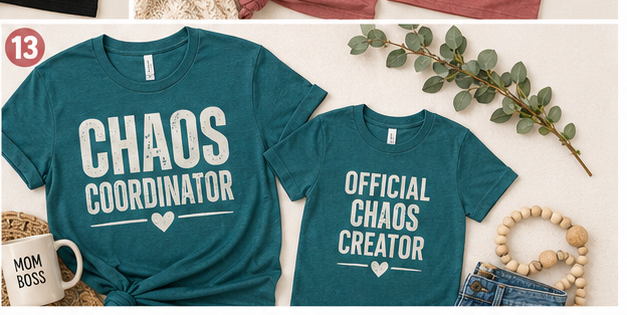 Official Chaos Creator kids tee — shown with matching Chaos Coordinator mom shirt