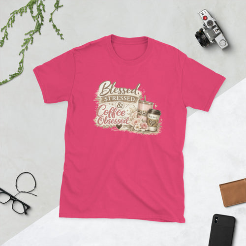 Blessed Stressed and Coffee Obsessed mom graphic tee