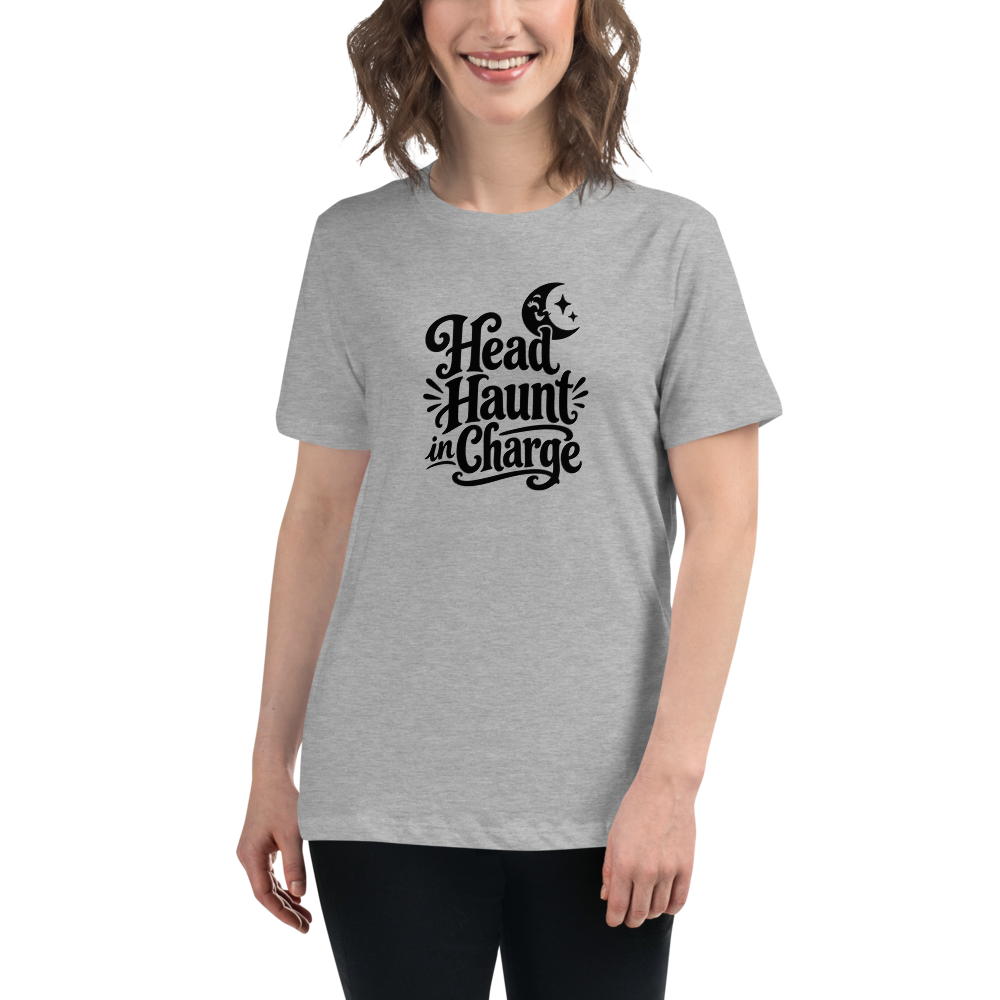 Head Haunt in Charge Halloween tee worn by a model, Athletic Heather - Mama Said So Tees