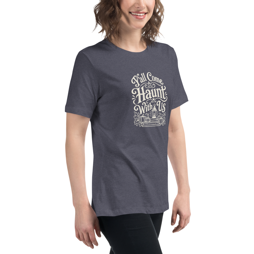 Y'all Come Haunt With Us - Women's Halloween Tee - Heather Navy colourway