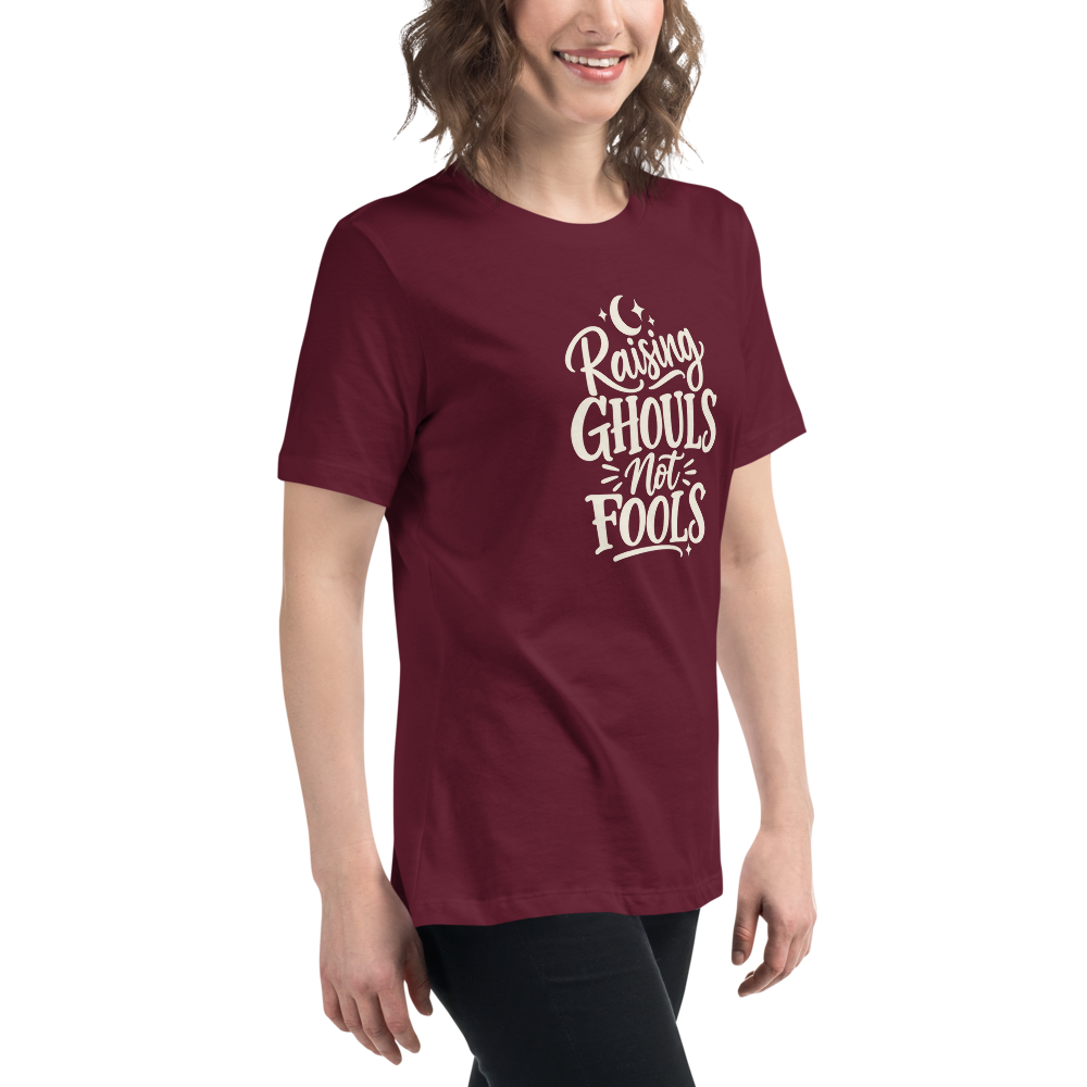 Raising Ghouls Not Fools - Women's Halloween Tee - Maroon colourway