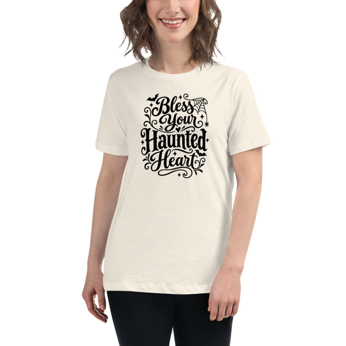 Bless Your Haunted Heart Halloween tee worn by a model, Natural - Mama Said So Tees