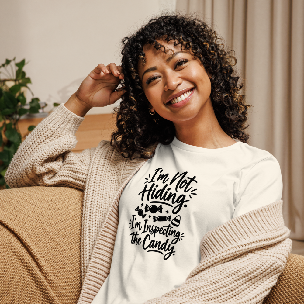 I'm Not Hiding, I'm Inspecting the Candy Halloween tee worn by a model, Natural - Mama Said So Tees
