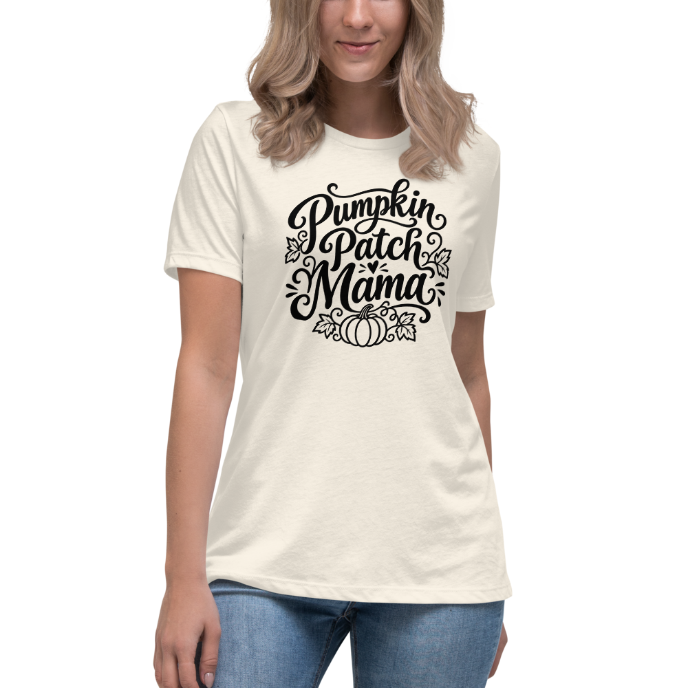 Pumpkin Patch Mama Halloween tee worn by a model, Natural - Mama Said So Tees