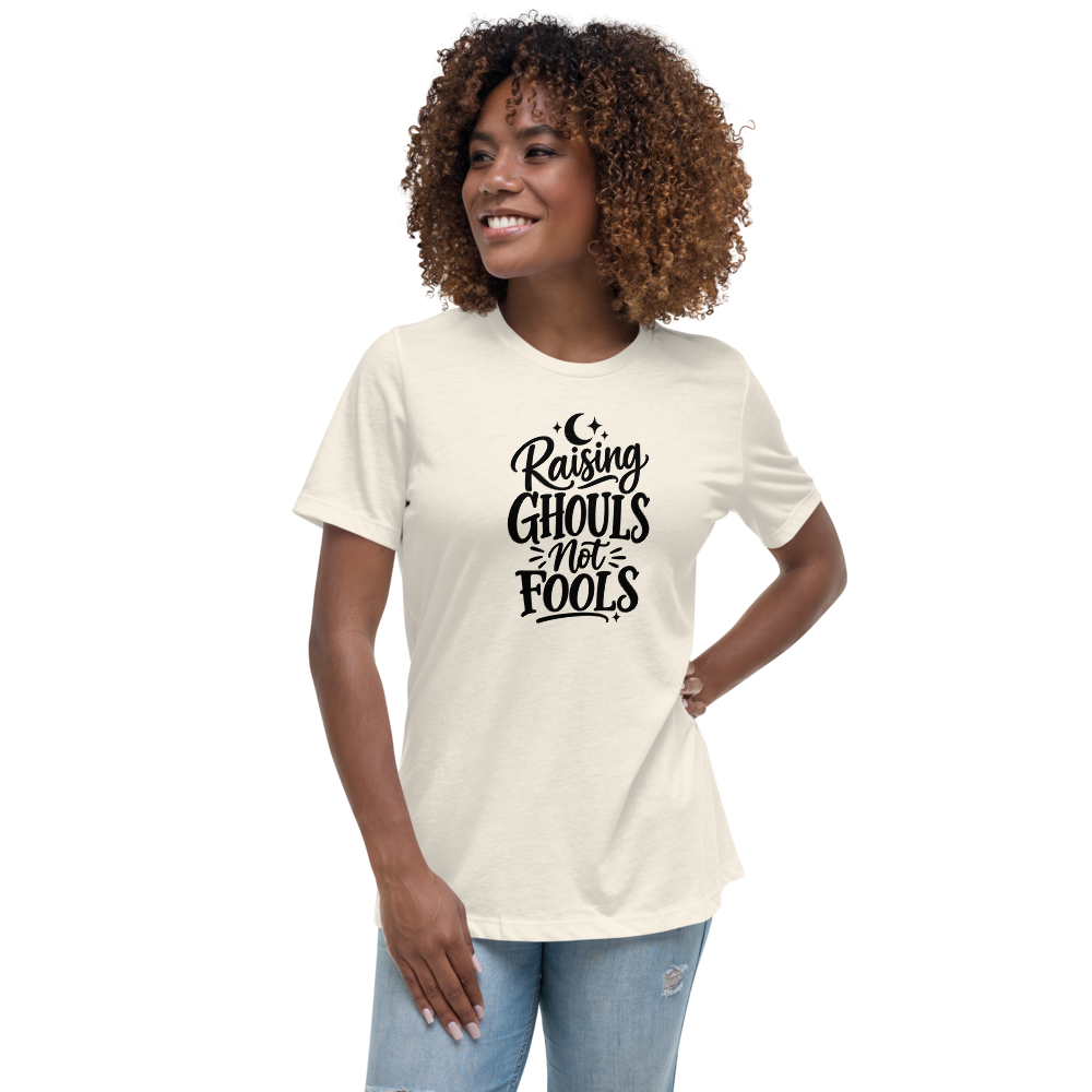 Raising Ghouls Not Fools Halloween tee worn by a model, Natural - Mama Said So Tees