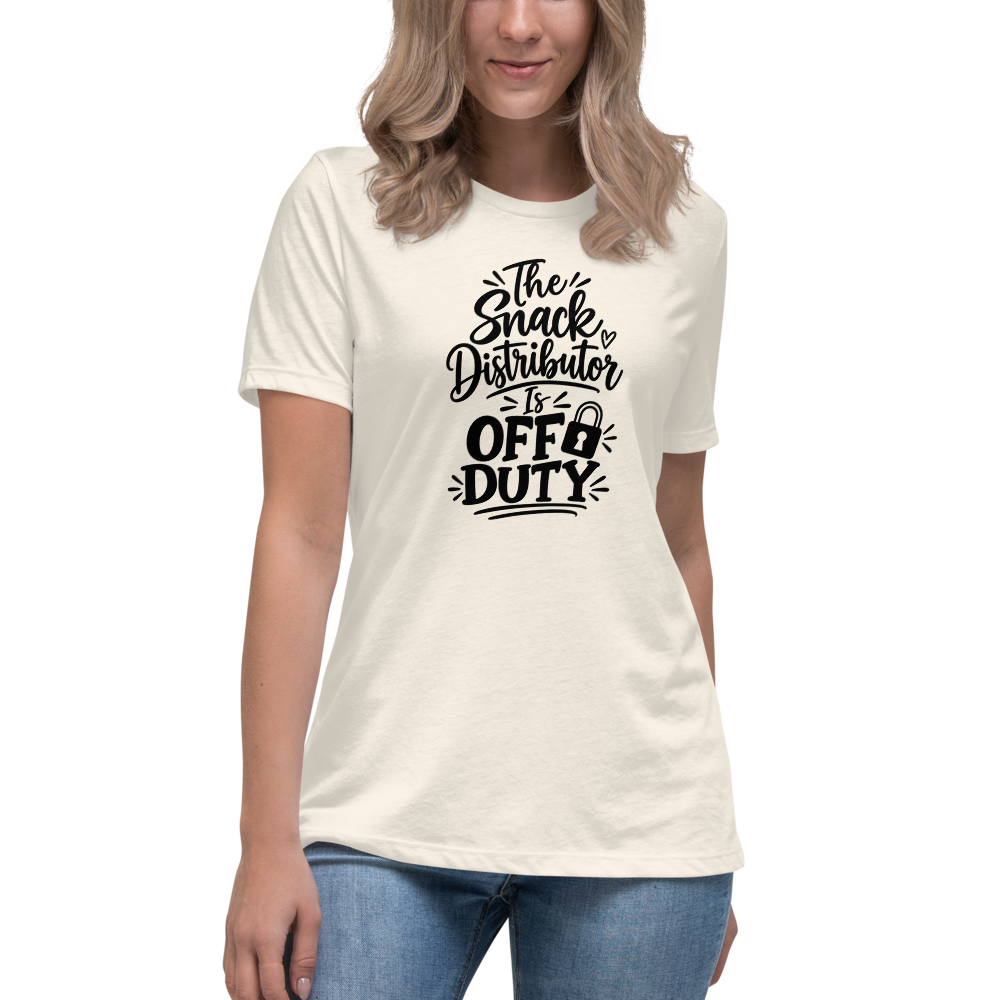 The Snack Distributor Is Off Duty Halloween tee worn by a model, Natural - Mama Said So Tees