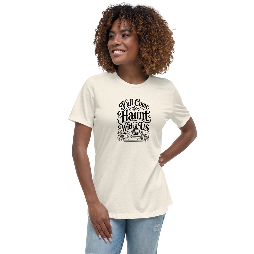 Y'all Come Haunt With Us Halloween tee worn by a model, Natural - Mama Said So Tees