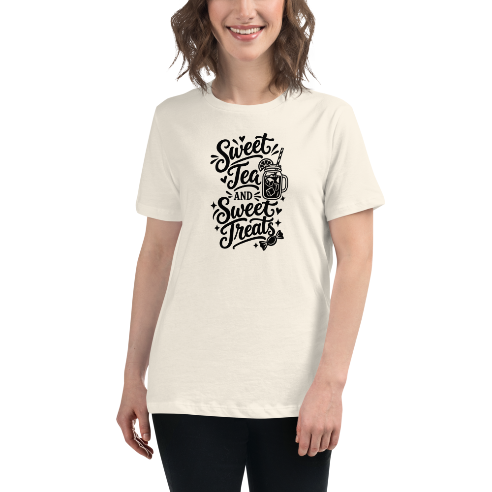 Sweet Tea and Sweet Treats Halloween tee worn by a model, Natural - Mama Said So Tees