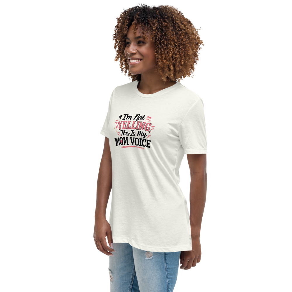 I'm Not Yelling This Is My Mom Voice mom shirt, vintage white relaxed tee, three-quarter left view on model