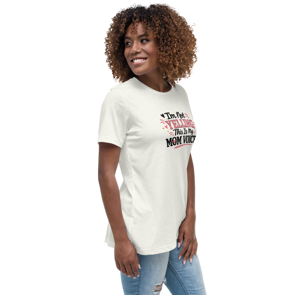 I'm Not Yelling This Is My Mom Voice mom shirt, vintage white relaxed tee, three-quarter right view on model
