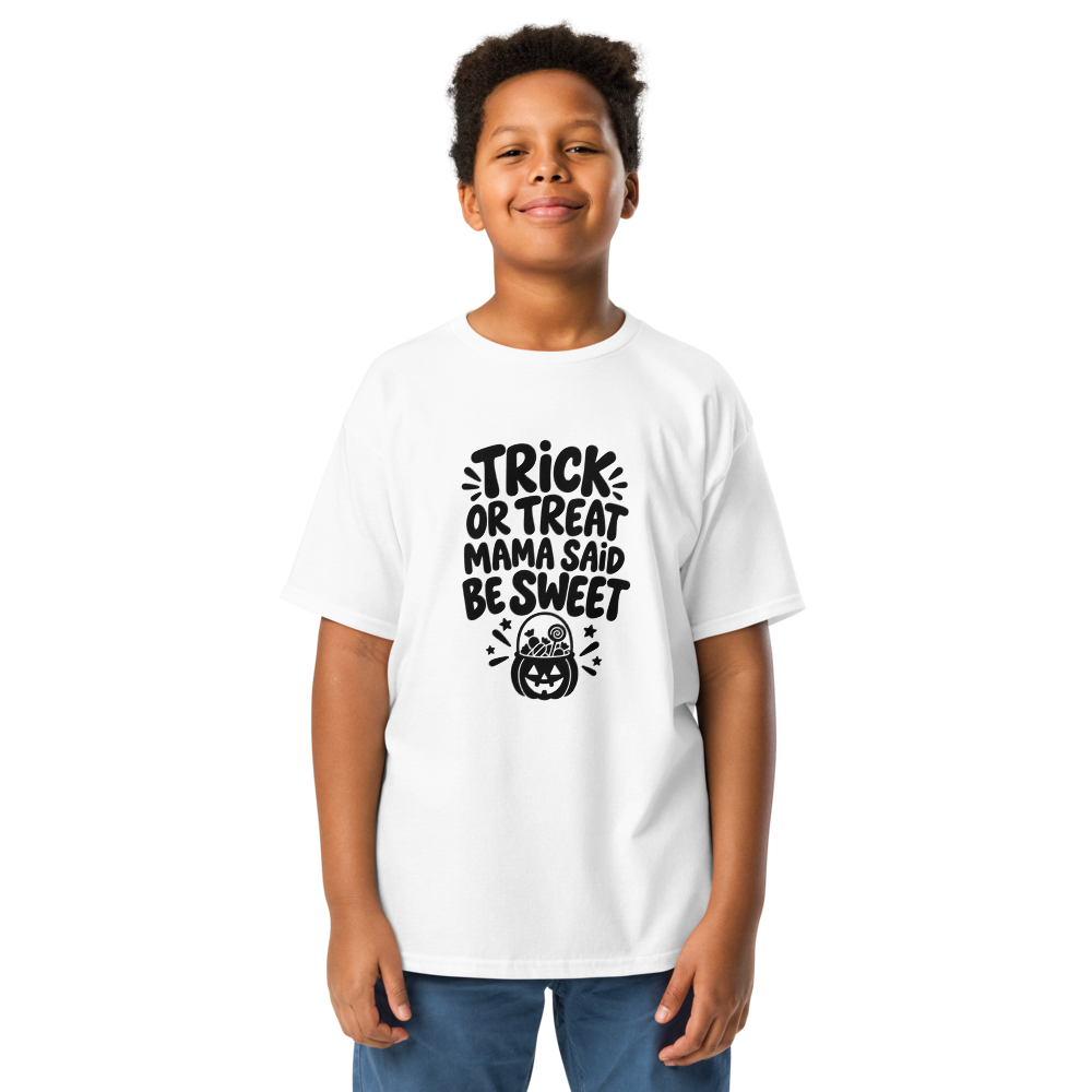 Trick or Treat, Mama Said Be Sweet Kids Halloween Shirt - on model